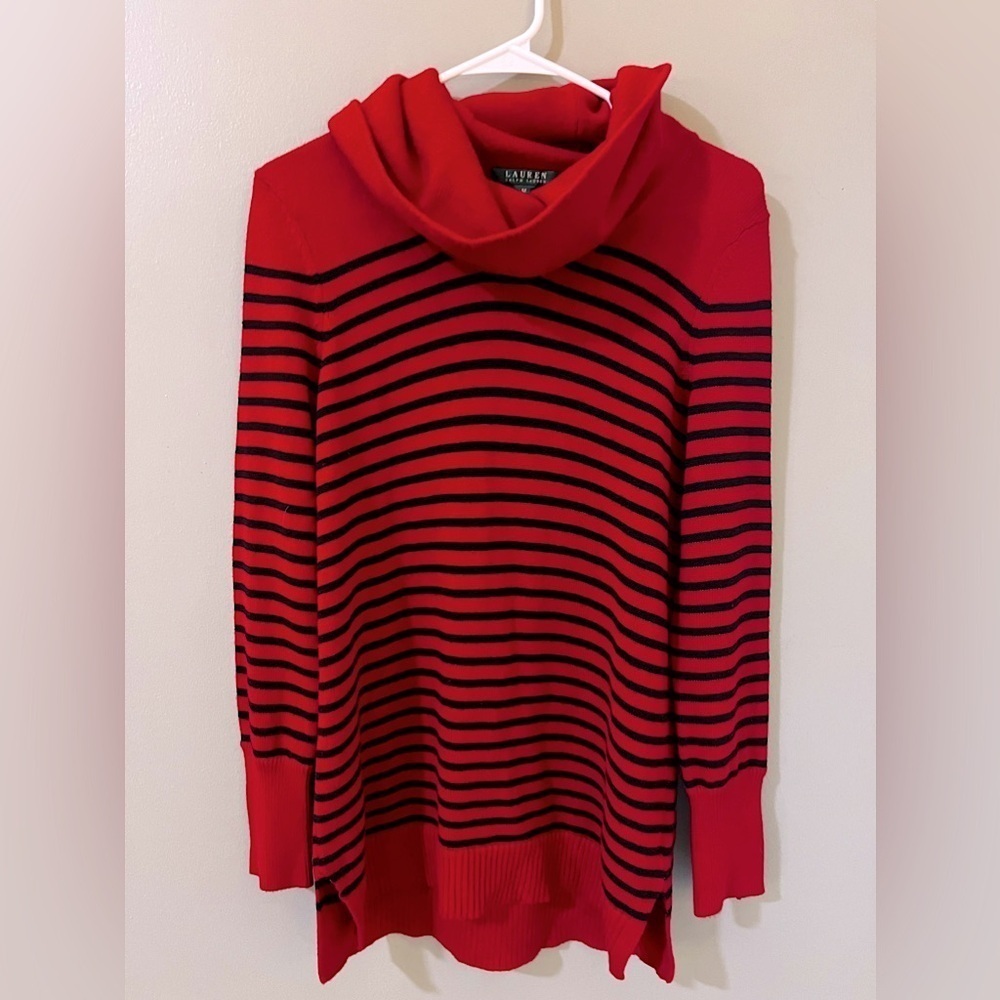 RALPH LAUREN Red Black Striped Wool Blend Cowl Neck Tunic Sweater medium